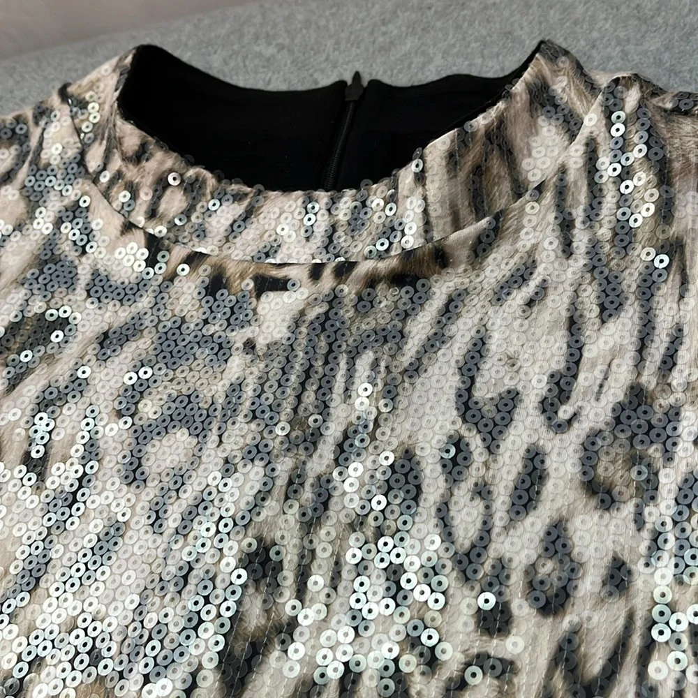 Chicos Print Sequin Top XL Mobwife Party Grunge Mod Longsleeve Animal Whimsy - Picture 11 of 13